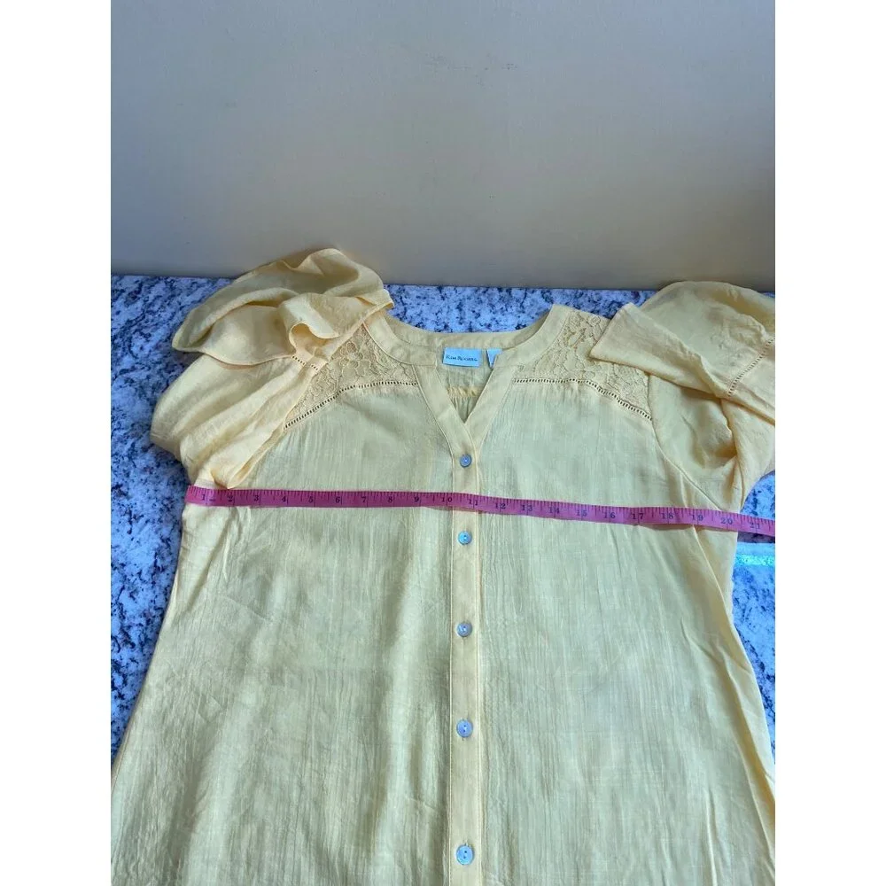 Kim Rogers Womens Blouse Medium Yellow Button-Down Bell Sleeves Lace Trim Retro_6